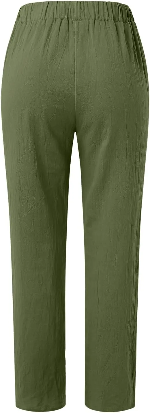 2024 Womens Wide Leg Cropped Pants Cotton Linen Summer Beach Pants Trendy Casual Capri Yoga Pants Breathable Palazzo Pants