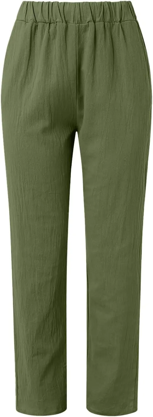 2024 Womens Wide Leg Cropped Pants Cotton Linen Summer Beach Pants Trendy Casual Capri Yoga Pants Breathable Palazzo Pants