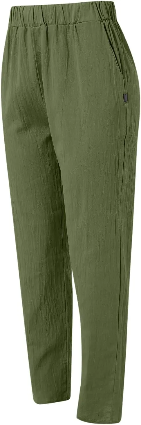 2024 Womens Wide Leg Cropped Pants Cotton Linen Summer Beach Pants Trendy Casual Capri Yoga Pants Breathable Palazzo Pants
