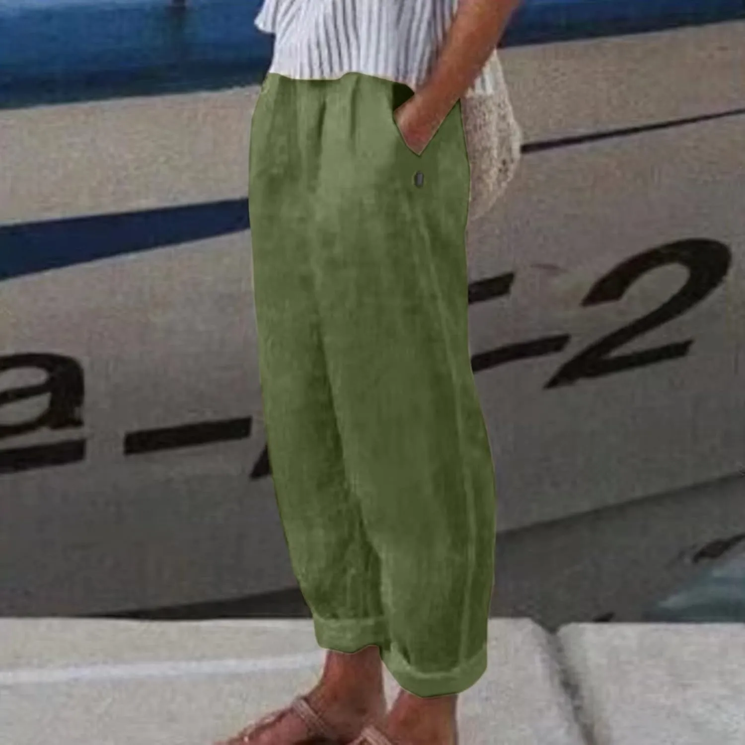 2024 Womens Wide Leg Cropped Pants Cotton Linen Summer Beach Pants Trendy Casual Capri Yoga Pants Breathable Palazzo Pants
