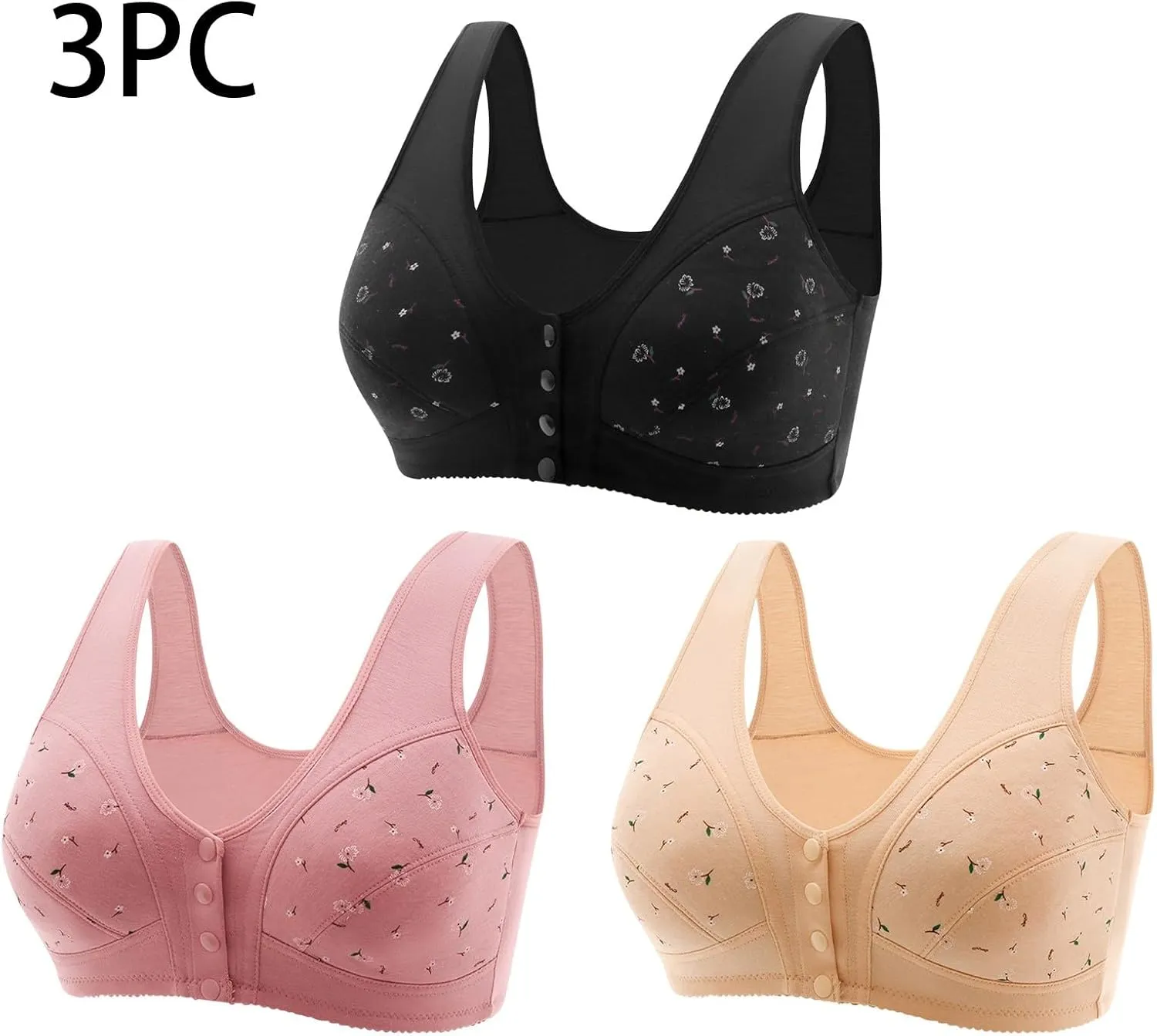 3 Pack Daisy Bras Womens Front Button Snaps Closure Wireless Bralettes Older Women Full Coverage Bras Comfy Sl