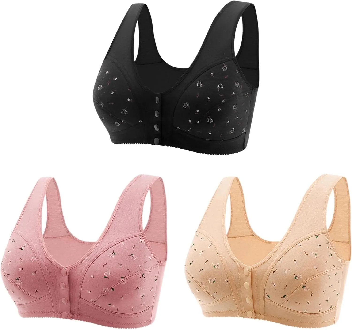 3 Pack Daisy Bras Womens Front Button Snaps Closure Wireless Bralettes Older Women Full Coverage Bras Comfy Sl