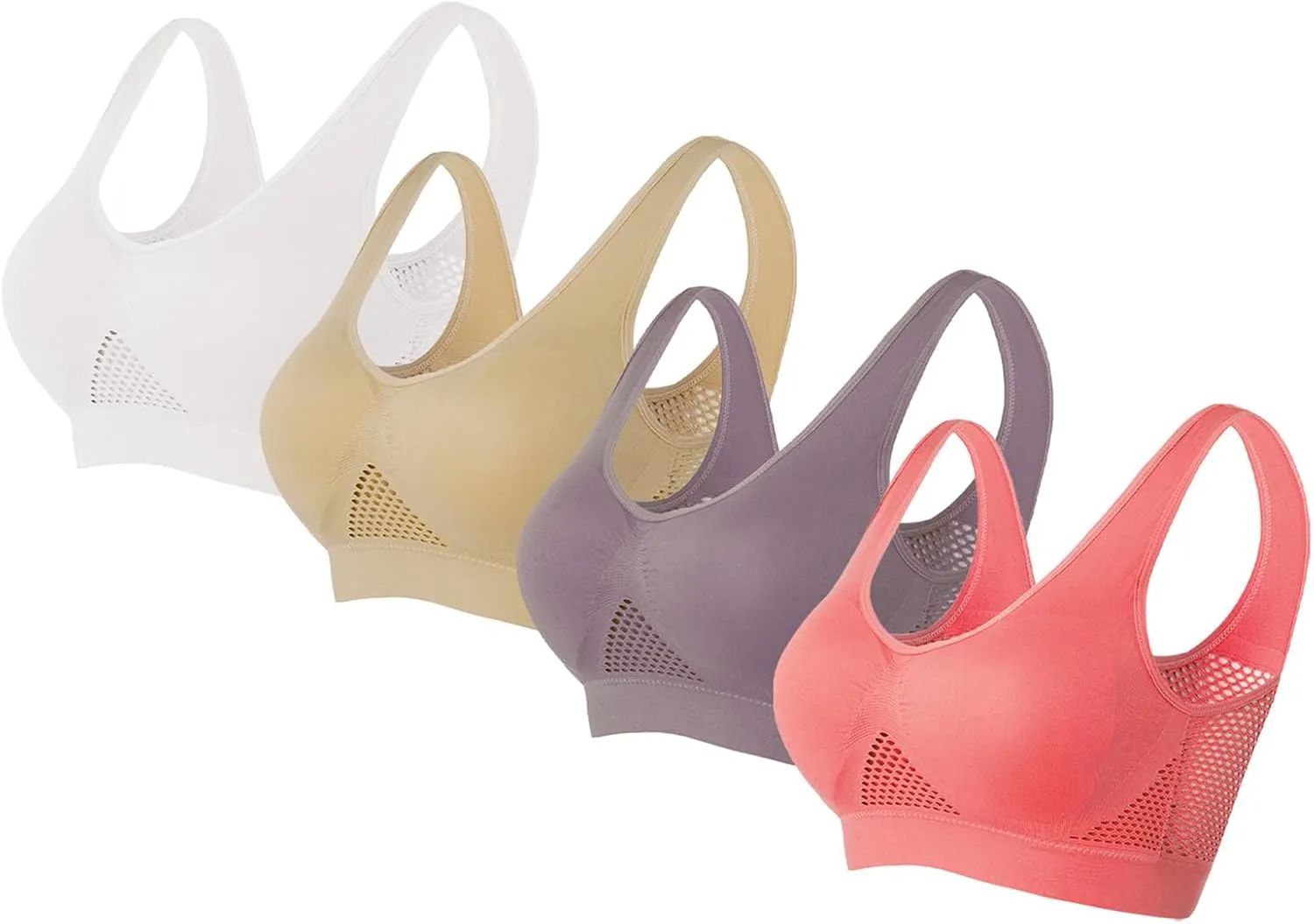 4PC Sports Bras for Womens High Support Seamless Breathable Bralettes Full Coverage No Underwire Mesh Sheer Bras