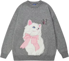 Aelfric Eden Crewneck Sweater Cat Applique Embroidery Sweater Vintage Oversized Sweater