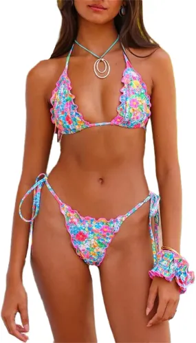 Alyweatry Women Coquette Aesthetic Bikini Set Floral Halter Cami Bra Top with Side Tie Triangle Thong Swimsuit Bathing Suit