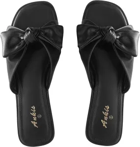 Ankis Womens Black White Flat Sandals for Women Dressy Comfortable Summer Beach Sandals for Women 2025 Cute Bow Square Open Toe Slide Sandals