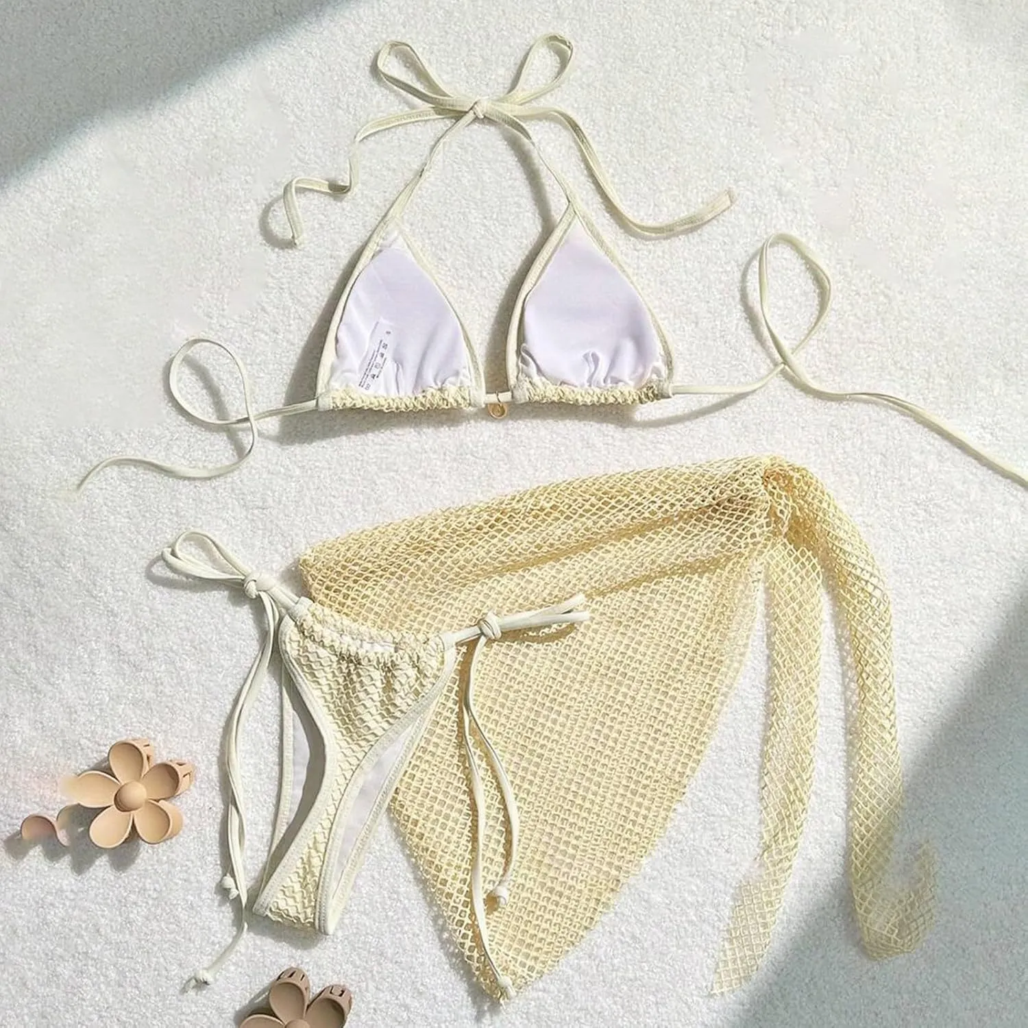 Bikini Sets for Women Sexy High Cut String Thong Swimsuits Push up Cheeky Bathing Suits with Mesh Hollow Out Sarongs