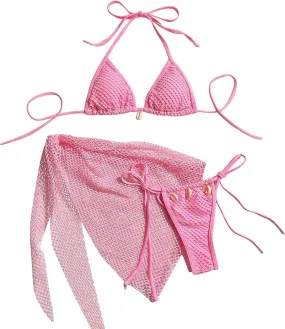 Bikini Sets for Women Sexy High Cut String Thong Swimsuits Push up Cheeky Bathing Suits with Mesh Hollow Out Sarongs