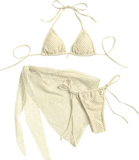 Bikini Sets for Women Sexy High Cut String Thong Swimsuits Push up Cheeky Bathing Suits with Mesh Hollow Out Sarongs