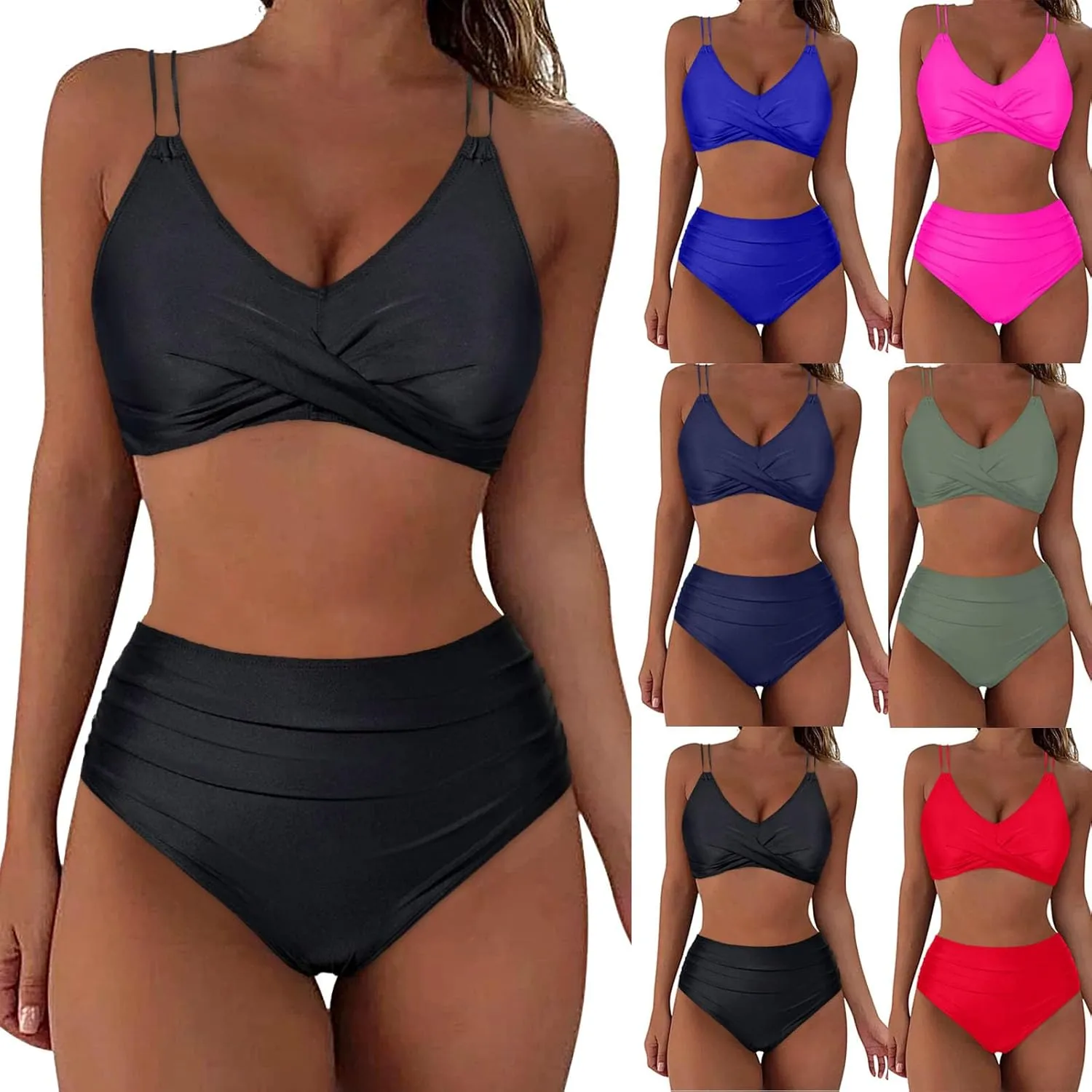 Bikini Sets for Women Sexy Two Piece Swimsuits Tummy Control Bathing Suits Push Up V Neck High Waisted Swimwear