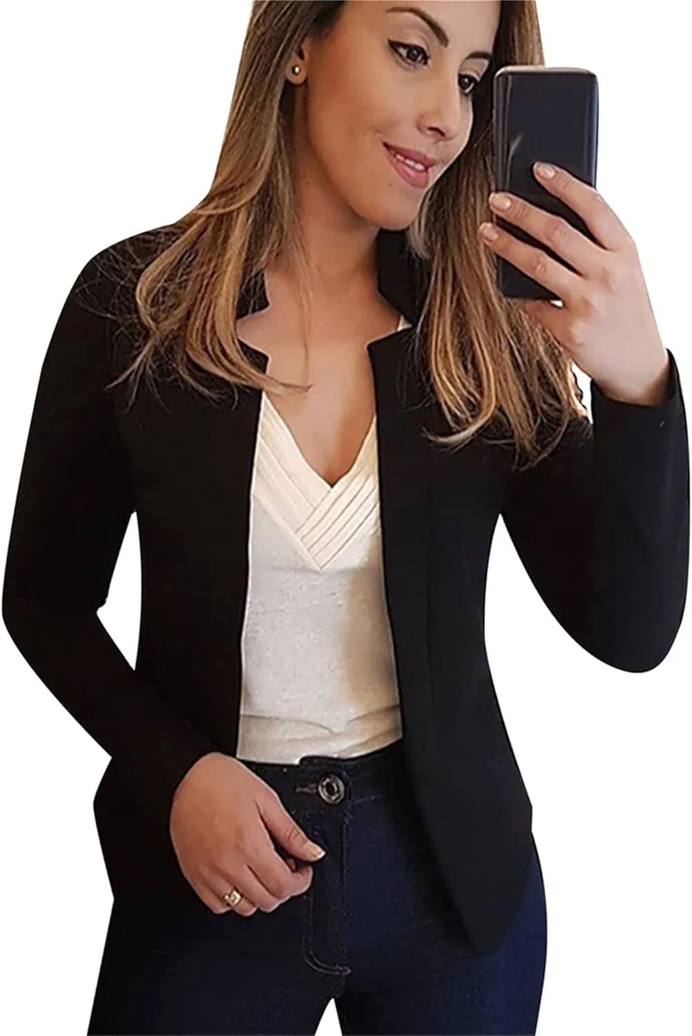 BOFETA Women Lightweight Long Sleeve Blazer Casual Open Front Business Blazer Notched Collar Slim Work Office Blazer