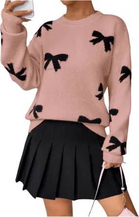Bow Sweater Women Long Sleeve Crewneck Cute Casual Vintage Oversized Sweater with Bow for Fall Winter
