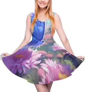 Butterfly Wildflowers Floral Women's Dress Round Neck Dress Sleeveless Tank Dress Ruffle Hem Mini Dresses 4XL