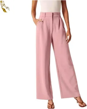 Casual Business High Waist Suit Pants,Women's Straight Dress Trousers with Pockets,Long Loose Wide Work Office Pants