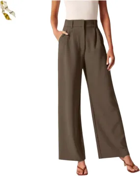 Casual Business High Waist Suit Pants,Women's Straight Dress Trousers with Pockets,Long Loose Wide Work Office Pants