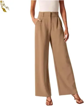 Casual Business High Waist Suit Pants,Women's Straight Dress Trousers with Pockets,Long Loose Wide Work Office Pants