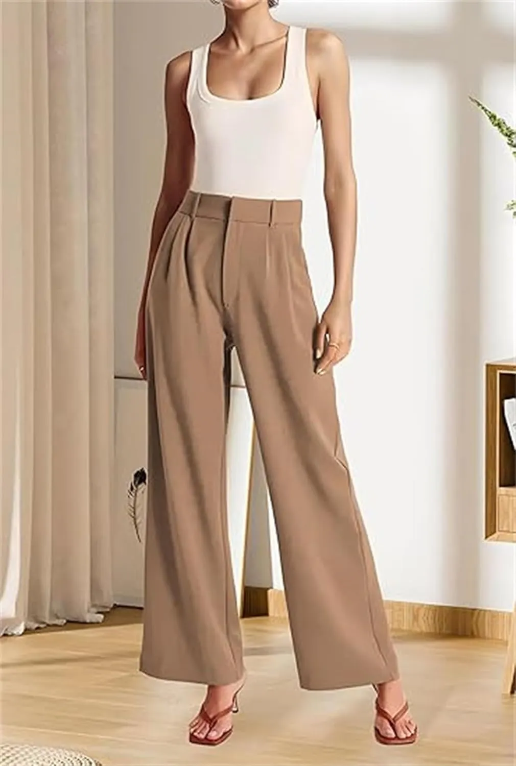 Casual Business High Waist Suit Pants,Women's Straight Dress Trousers with Pockets,Long Loose Wide Work Office Pants