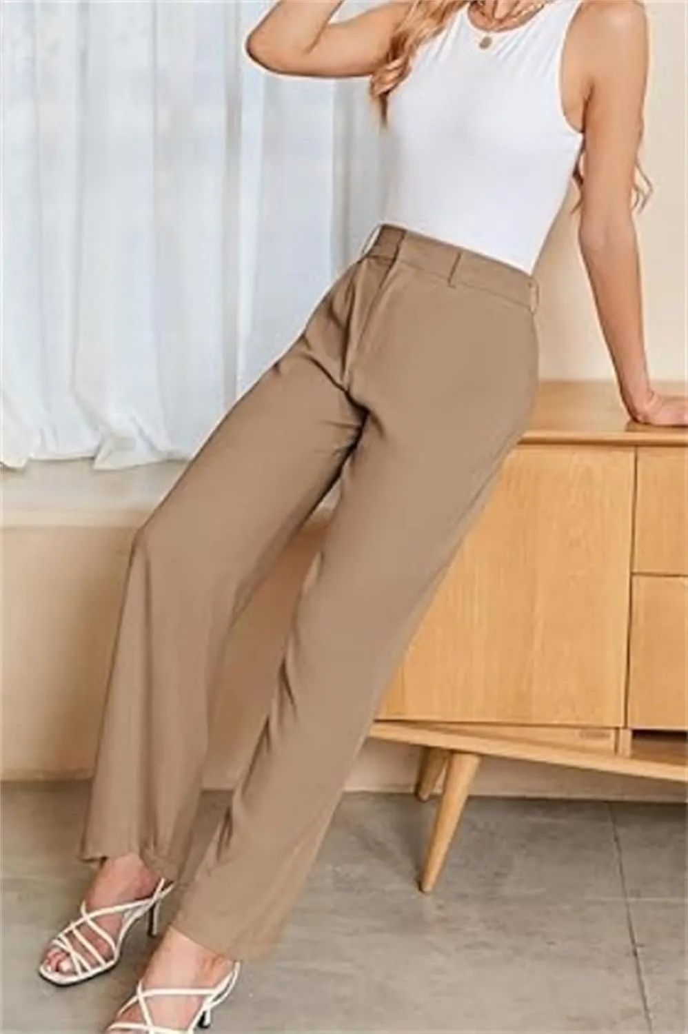 Casual Business High Waist Suit Pants,Women's Straight Dress Trousers with Pockets,Long Loose Wide Work Office Pants
