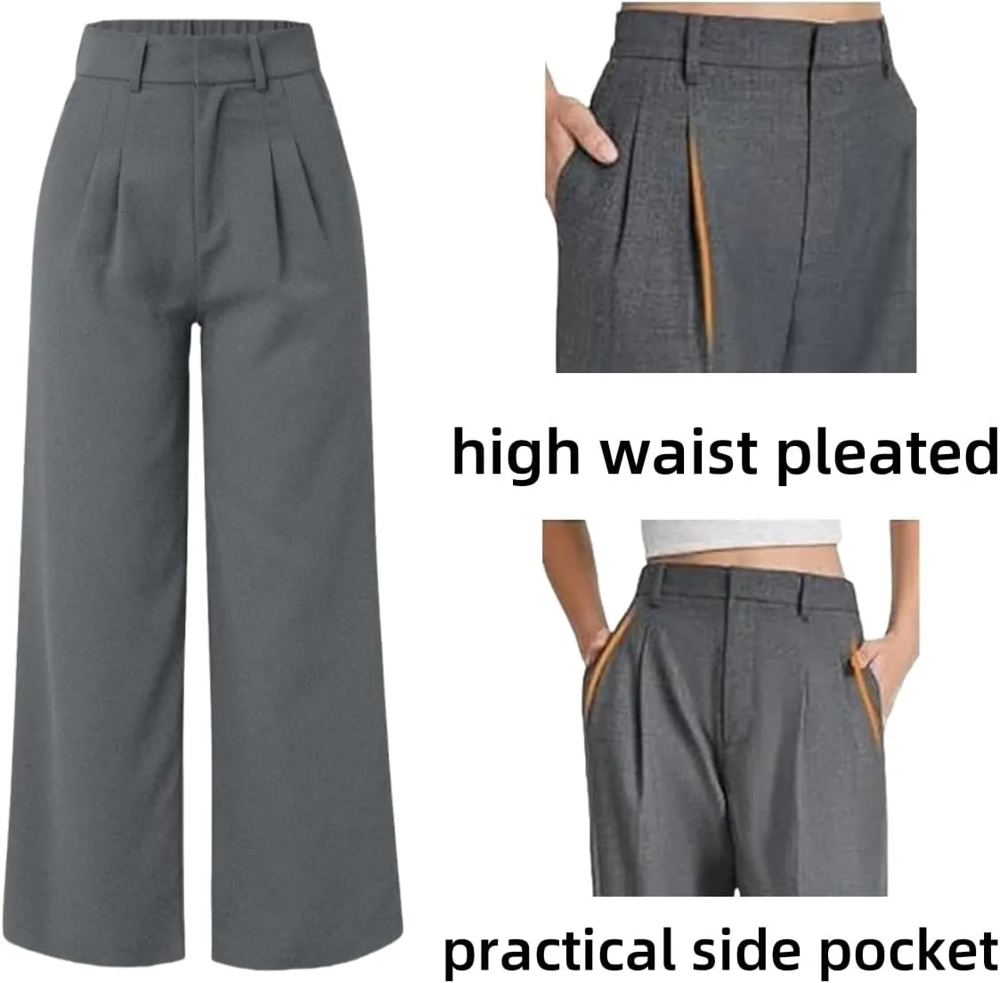 Casual Business High Waist Suit Pants,Women's Straight Dress Trousers with Pockets,Long Loose Wide Work Office Pants