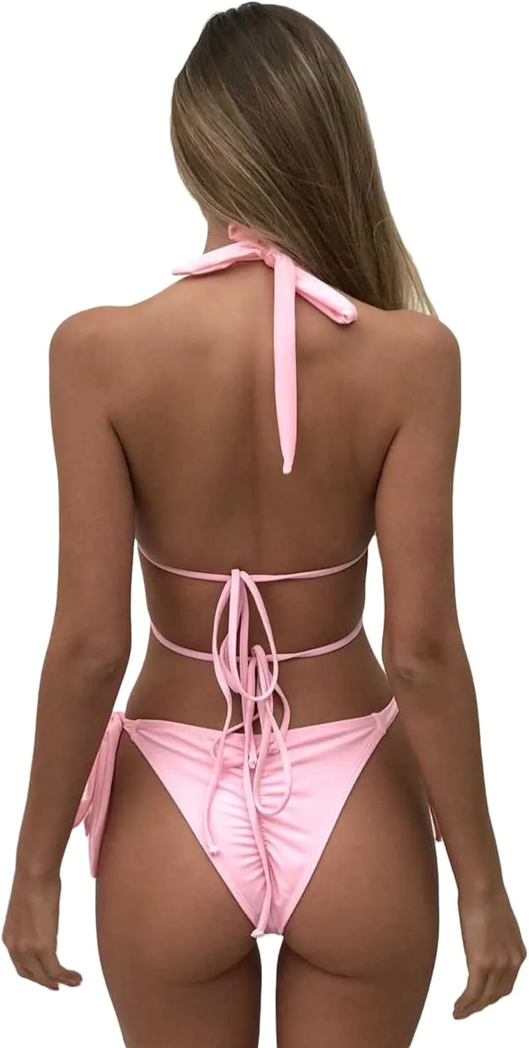 CHARTOU Women's Trendy 2 Piece Triangle Bikini Set Rhinestone Halter Bathing Suit Swimsuit