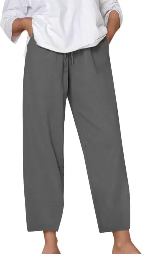 Cotton Linen Pants for Womens Summer Casual Breathable Vacation Pants Loose Lightweight Travel Trousers with Pockets