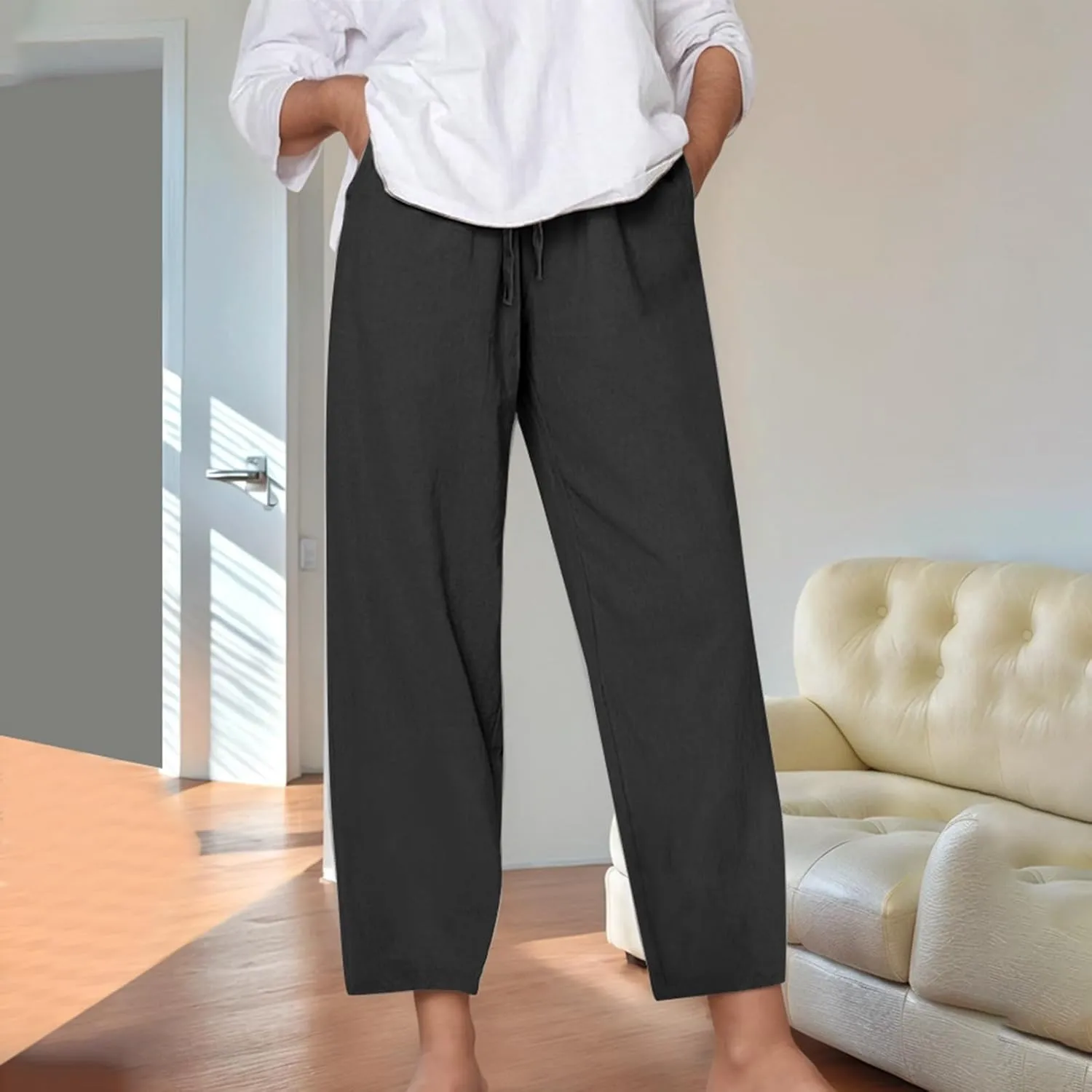 Cotton Linen Pants for Womens Summer Casual Breathable Vacation Pants Loose Lightweight Travel Trousers with Pockets