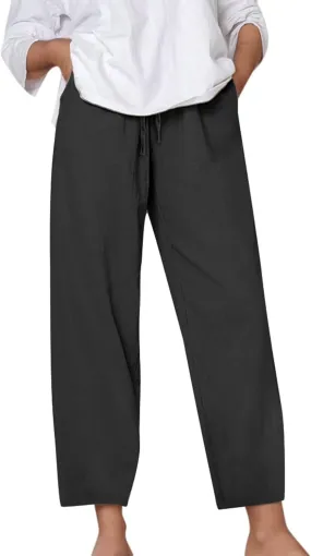 Cotton Linen Pants for Womens Summer Casual Breathable Vacation Pants Loose Lightweight Travel Trousers with Pockets