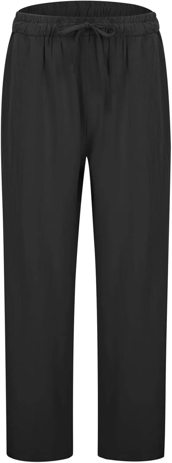 Cotton Linen Pants for Womens Summer Casual Breathable Vacation Pants Loose Lightweight Travel Trousers with Pockets