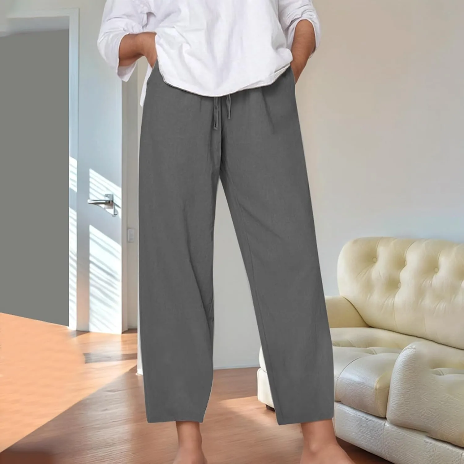 Cotton Linen Pants for Womens Summer Casual Breathable Vacation Pants Loose Lightweight Travel Trousers with Pockets