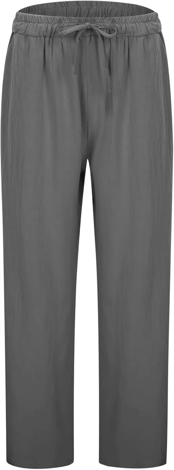 Cotton Linen Pants for Womens Summer Casual Breathable Vacation Pants Loose Lightweight Travel Trousers with Pockets
