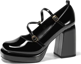 Coutgo Womens Mary Jane Heels Chunky Platform Loafer Shoes Block Heel Closed Square Toe Pumps Cross Strap High Heel Dress Shoes