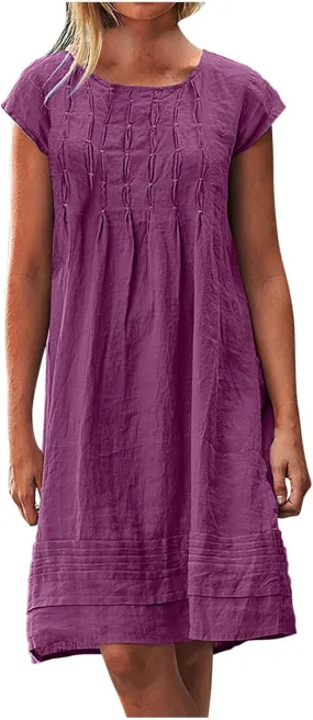 DDAPJ pyju Womens Linen Dress Summer Casual Pleated Round Neck Short Sleeve Mini Dress Loose Beach Vacation Sundress