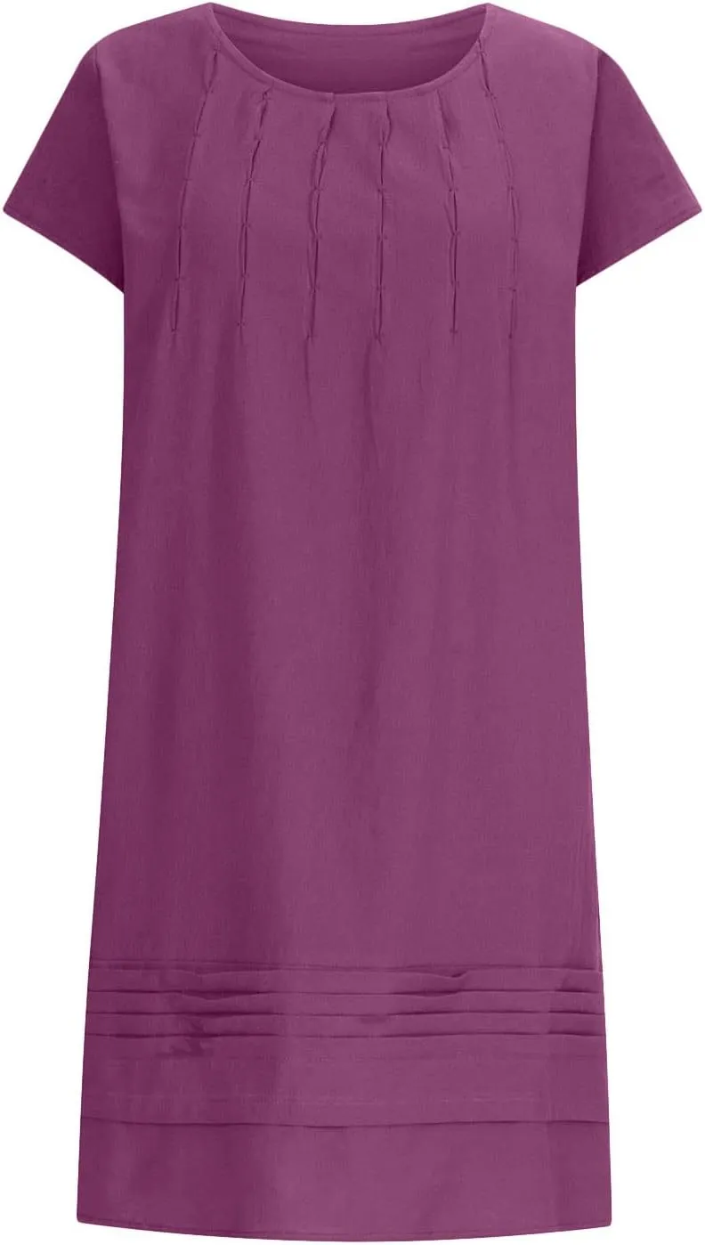 DDAPJ pyju Womens Linen Dress Summer Casual Pleated Round Neck Short Sleeve Mini Dress Loose Beach Vacation Sundress