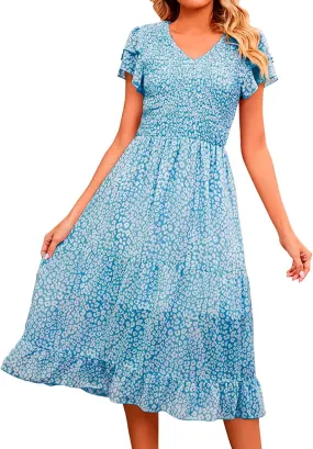 Dresses for Women 2024 Long Sleeve Casual Elegant V Neck Dress Floral Printing Short Sleeve A Womens Sundresses