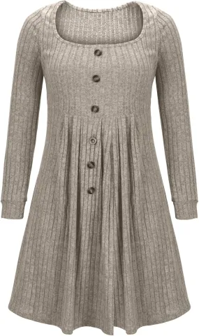 Dresses for Women 2024 Long Sleeve V Neck Knitted Button Down Elastic Waist Ruffle Mini Dress A-line Cute Mini Short Dresses