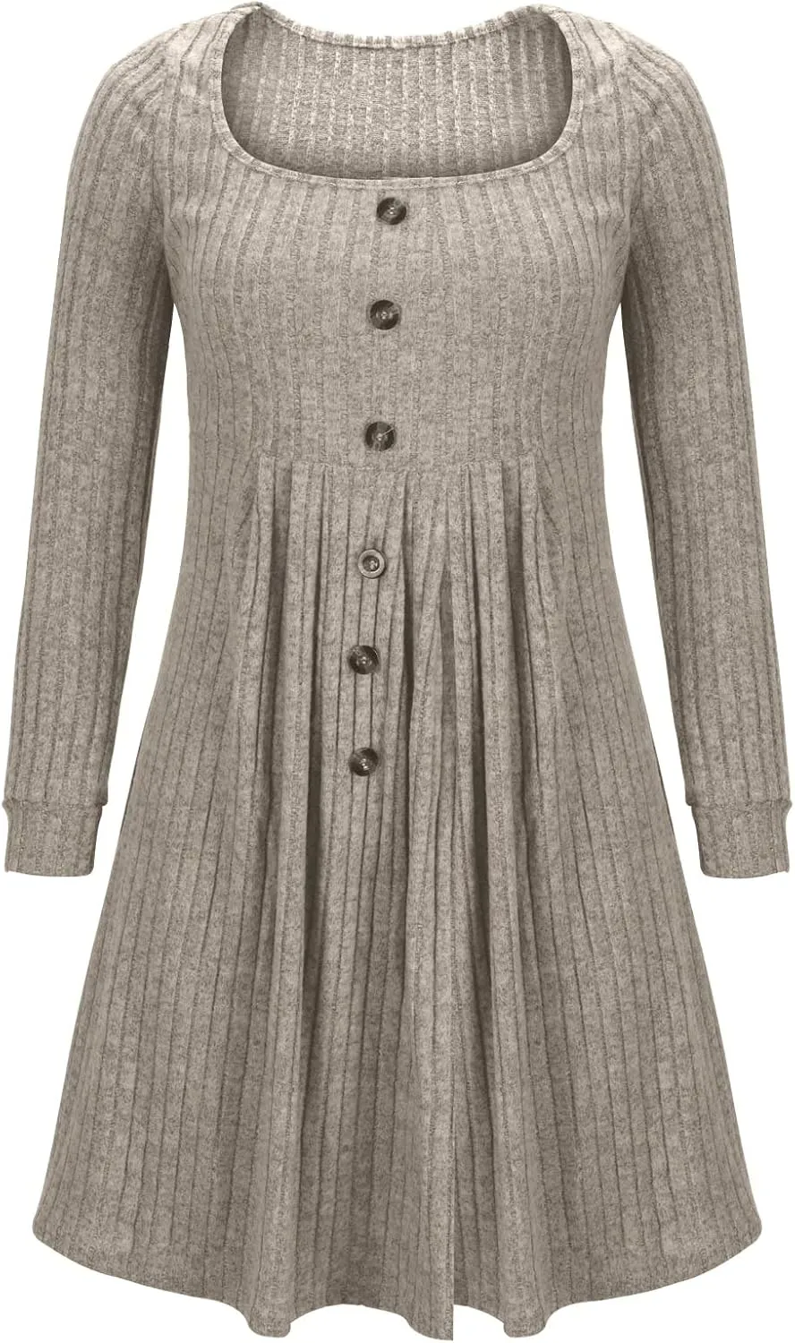 Dresses for Women 2024 Long Sleeve V Neck Knitted Button Down Elastic Waist Ruffle Mini Dress A-line Cute Mini Short Dresses