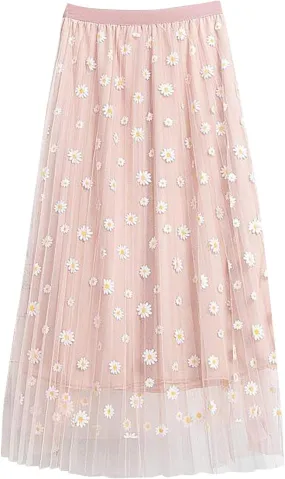 Elastic Waist skirts for women midi length Big Swing A-LineTulle Skirt skirts for women trendy Floral Pleated Mesh Overlay