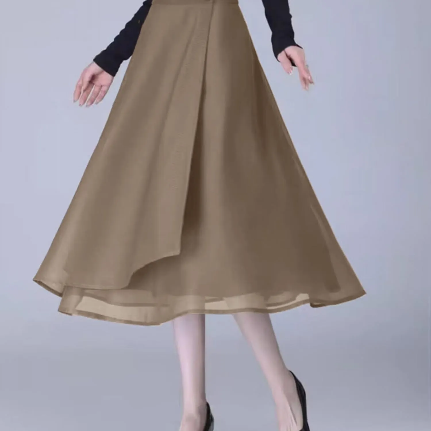 Fall Skirts for Women High Waist Classic A-Line Tulle Skirt Trendy Flowy Layered Midi Skirts Casual Chiffon Skirt