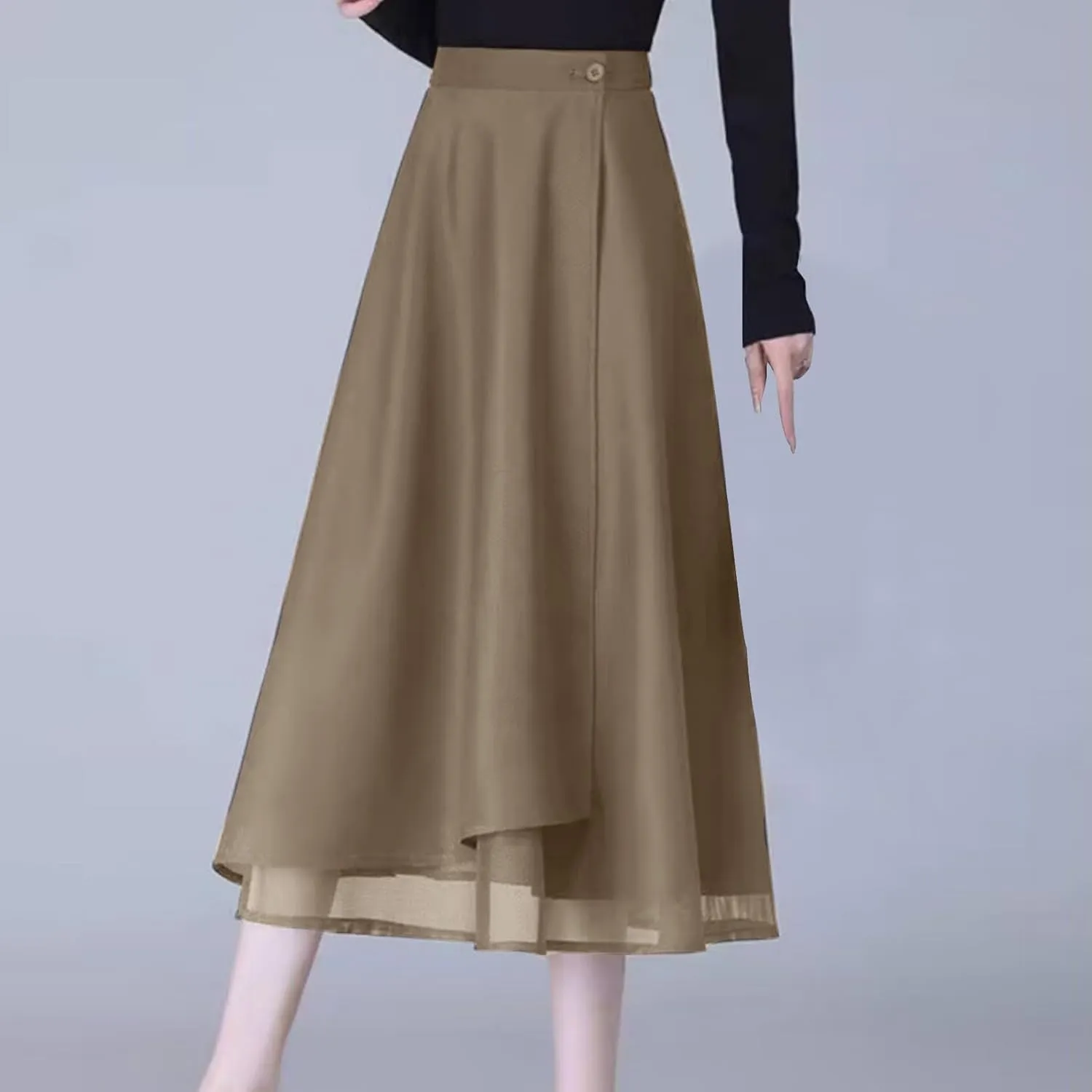 Fall Skirts for Women High Waist Classic A-Line Tulle Skirt Trendy Flowy Layered Midi Skirts Casual Chiffon Skirt