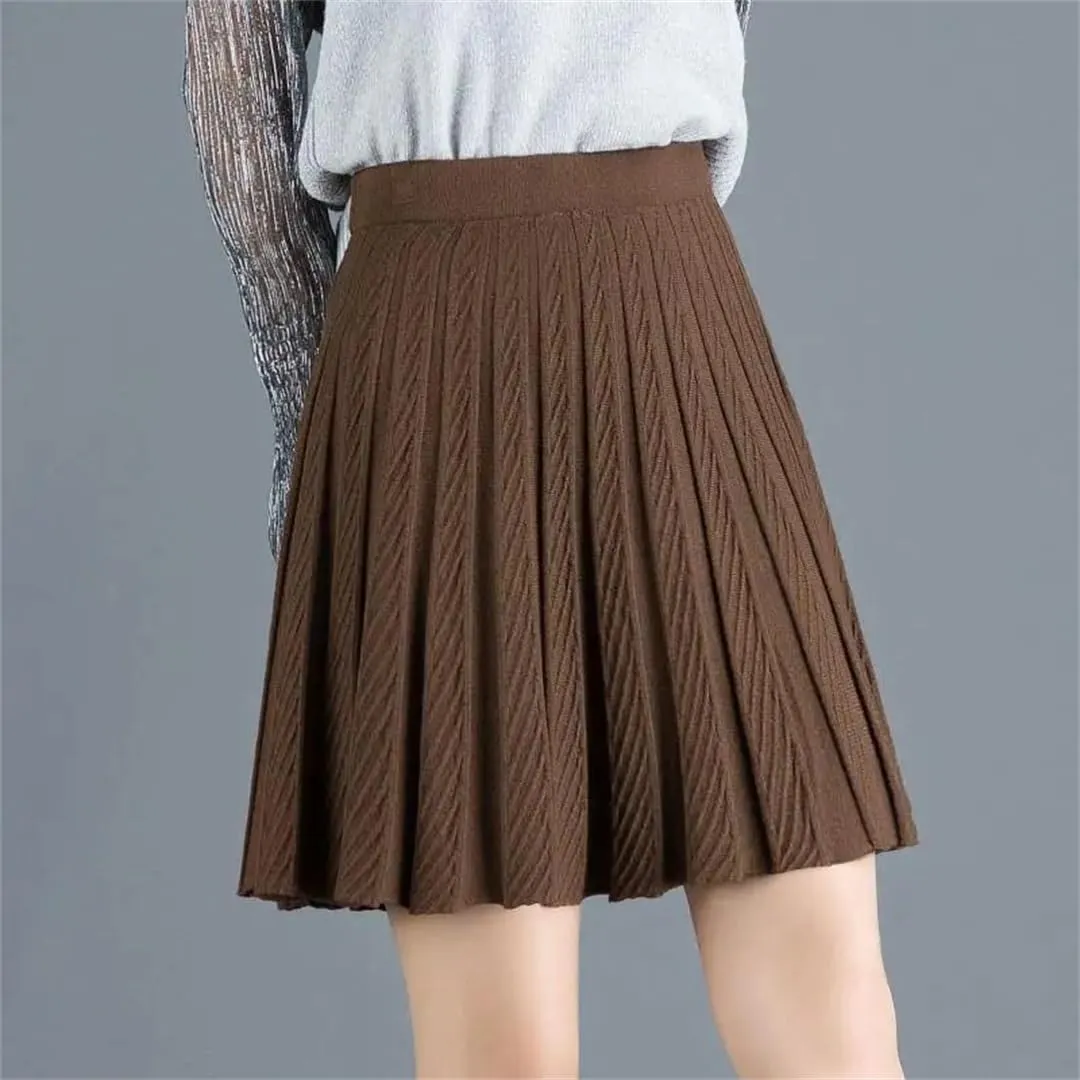 Fashion A-Line Half Skirt Women Solid Elastic High Waist Shirring Pleated Half Skirts