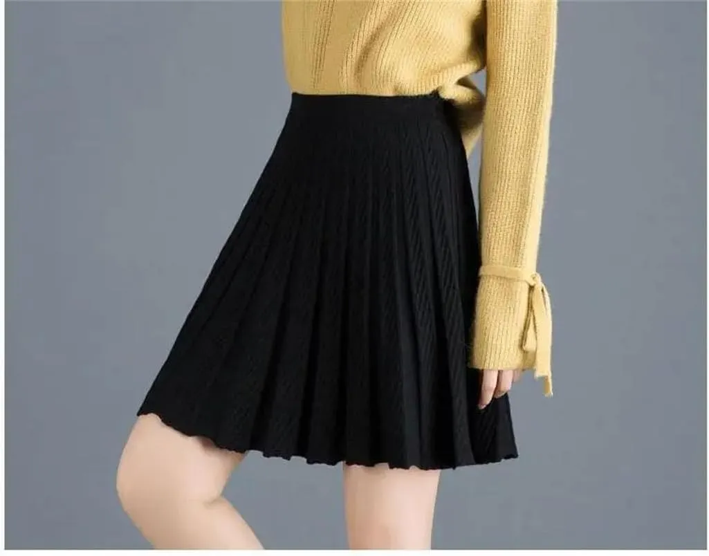 Fashion A-Line Half Skirt Women Solid Elastic High Waist Shirring Pleated Half Skirts