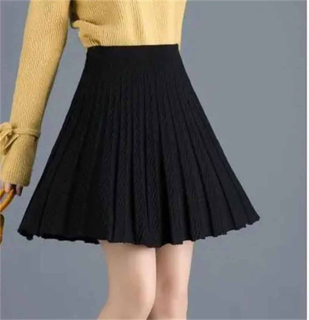 Fashion A-Line Half Skirt Women Solid Elastic High Waist Shirring Pleated Half Skirts