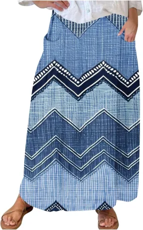 Fashion Skirts for Women Boho Graphic Trendy Beach Skirt Stretchy Pleated Plus Size Loose Western Skirt with Pocket