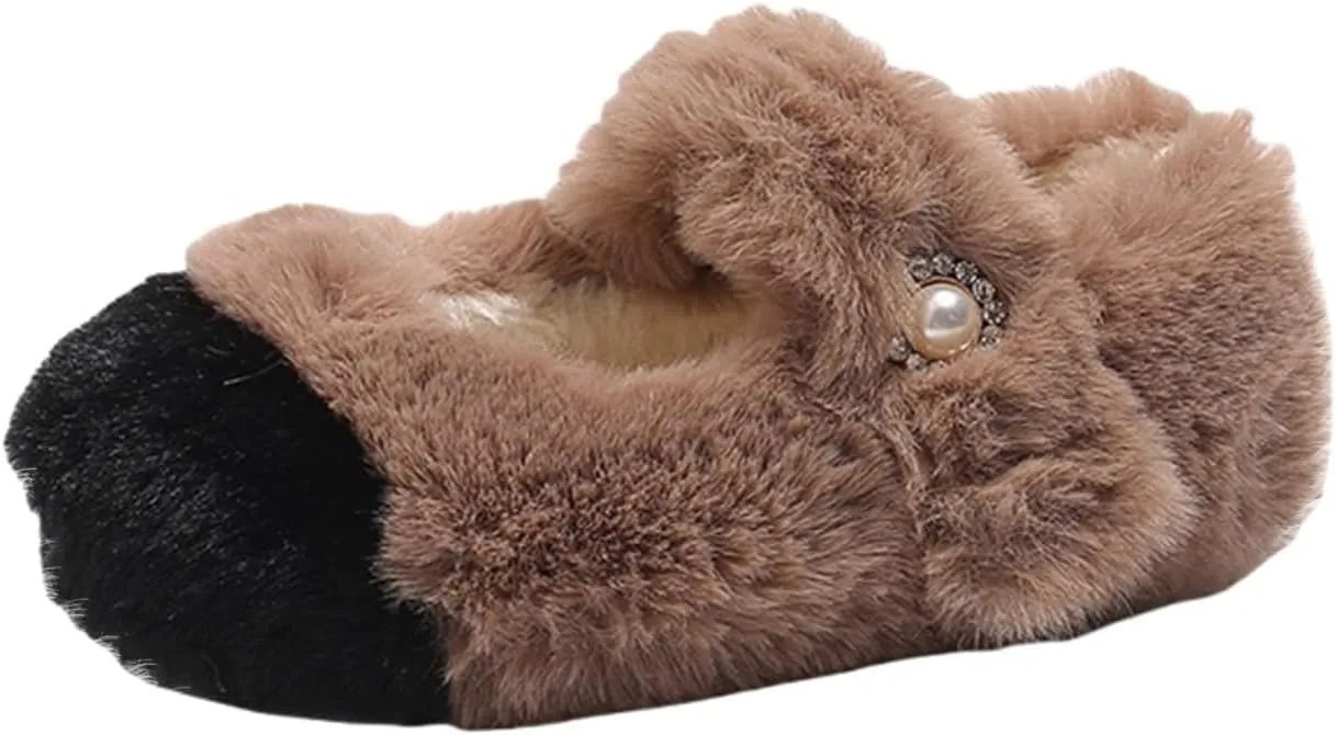 Faux  Mary Jane Ballet Flat with Buckle Strap for Girls Comfy Ballerina Flat Shoes Furry Warm Dress Shoes