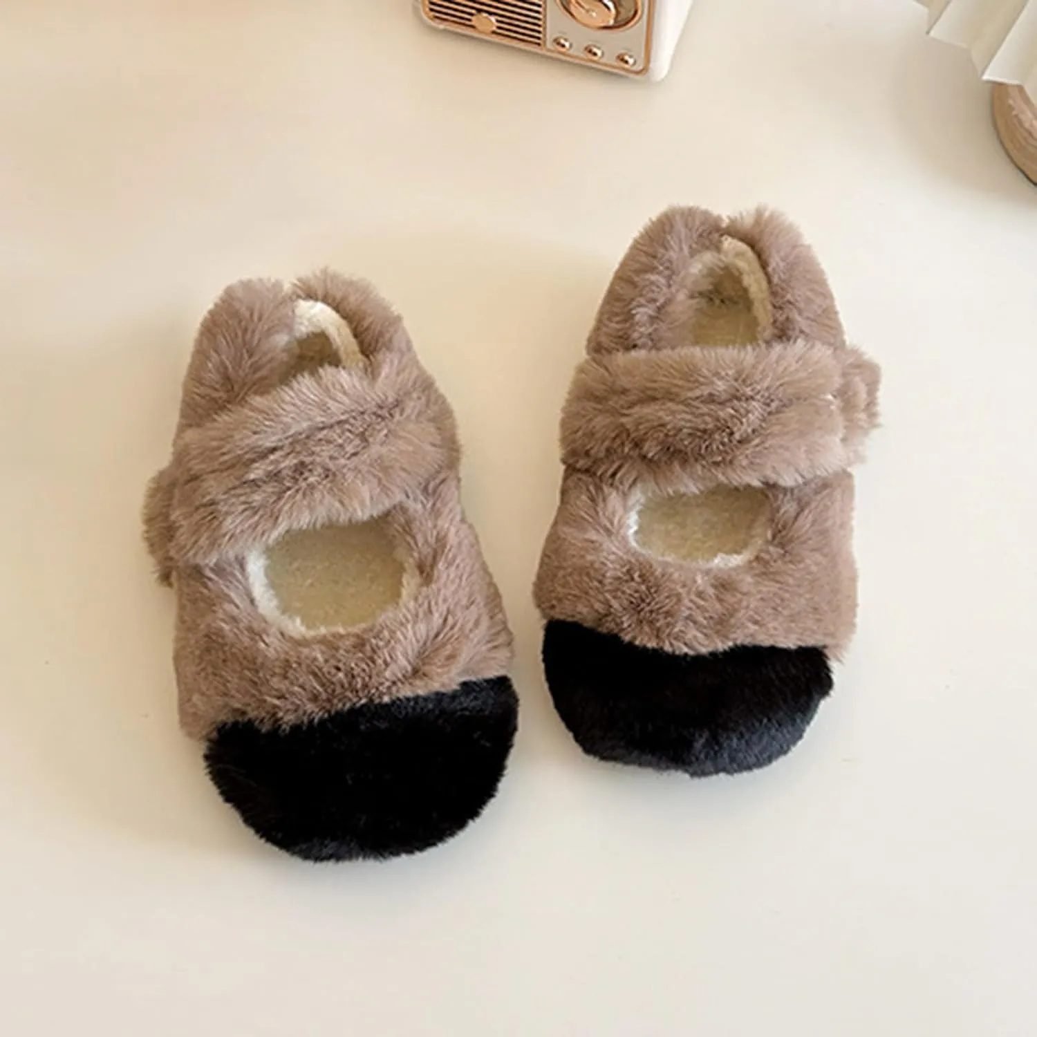Faux  Mary Jane Ballet Flat with Buckle Strap for Girls Comfy Ballerina Flat Shoes Furry Warm Dress Shoes