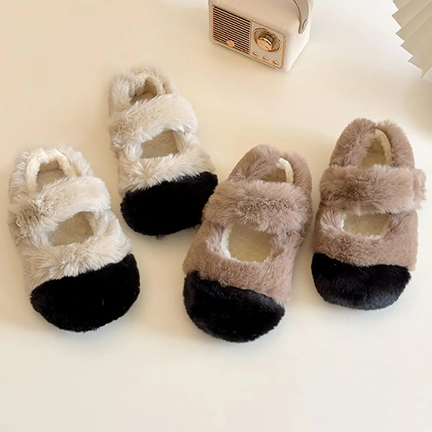 Faux  Mary Jane Ballet Flat with Buckle Strap for Girls Comfy Ballerina Flat Shoes Furry Warm Dress Shoes