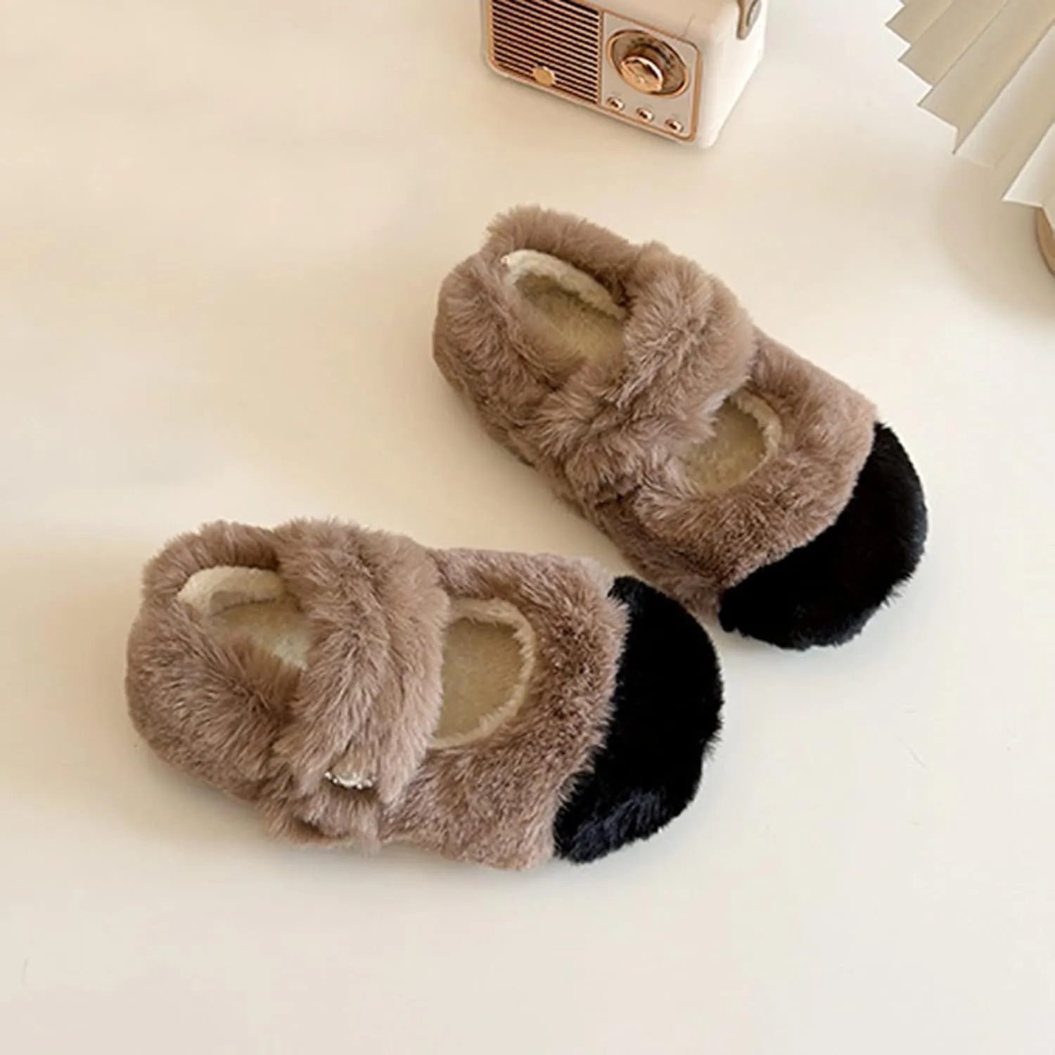 Faux  Mary Jane Ballet Flat with Buckle Strap for Girls Comfy Ballerina Flat Shoes Furry Warm Dress Shoes