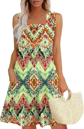FlekmanArt Womens Summer Dresses Flowy Sleeveless Mini Dress Beach Casual Sundresses Prited Tshirt Tank Dresses with Pockets