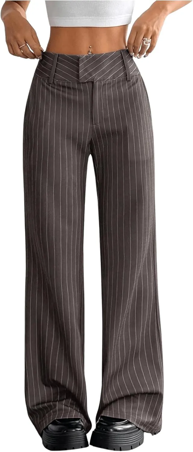 Floerns Women's Striped Print High Waisted Dress Pants Straight Leg Work Suit Pants
