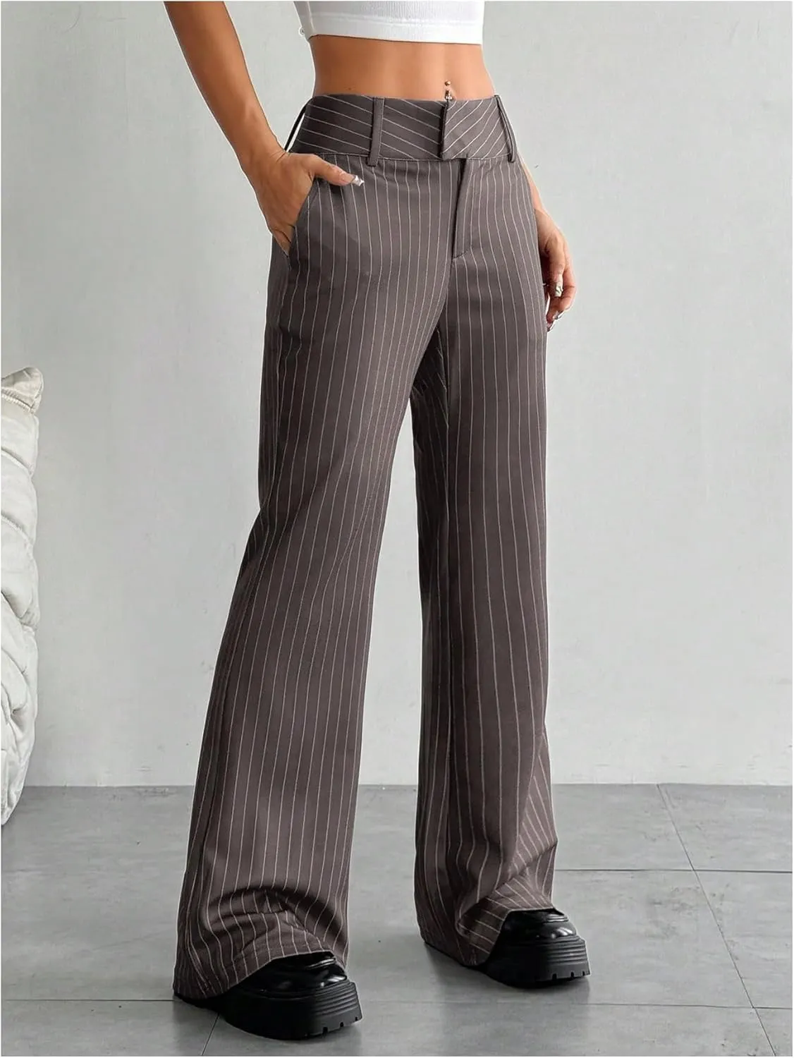 Floerns Women's Striped Print High Waisted Dress Pants Straight Leg Work Suit Pants